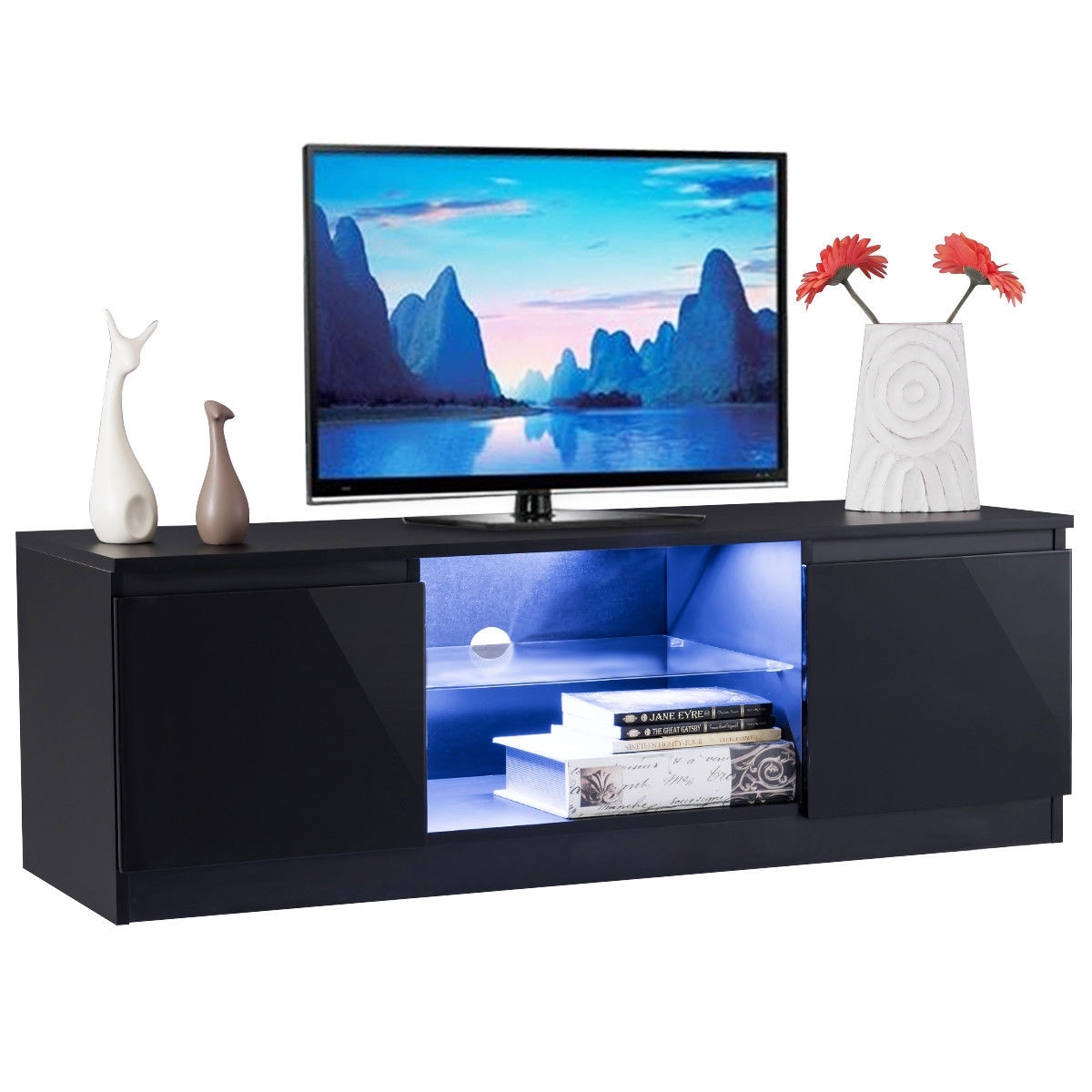 Costway High Gloss Tv Stand Unit Cabinet Media Console Costway High Gloss Tv Stand Unit Cabinet Media Console Furniture W Led Shelves Black Free Shipping Today 20510047