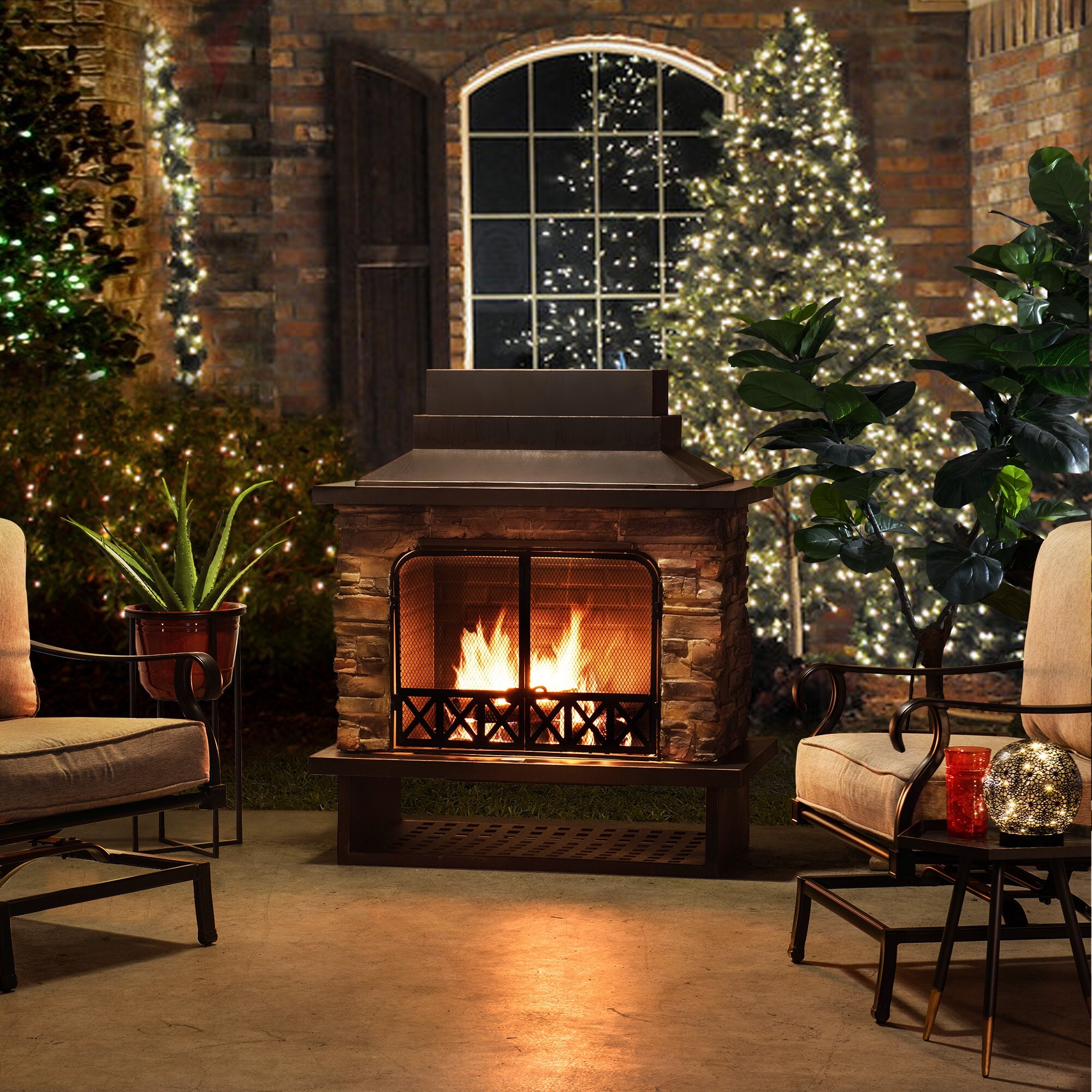 Sunjoy Farmington 48 Inch Faux Stone Steel Wood Burning Outdoor Fireplace Black 48 Overstock 11588256