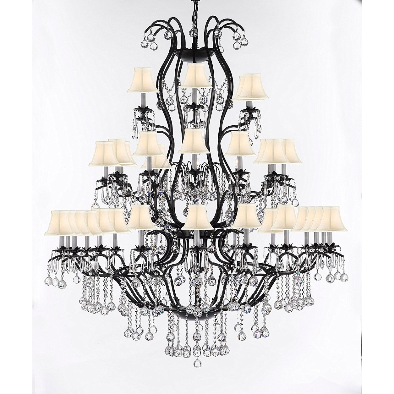 Swarovski Crystal Trimmed Large Wrought Iron Chandelier Swarovski Crystal Trimmed Large Wrought Iron Chandelier Lighting With And White Shades On Free Today Com