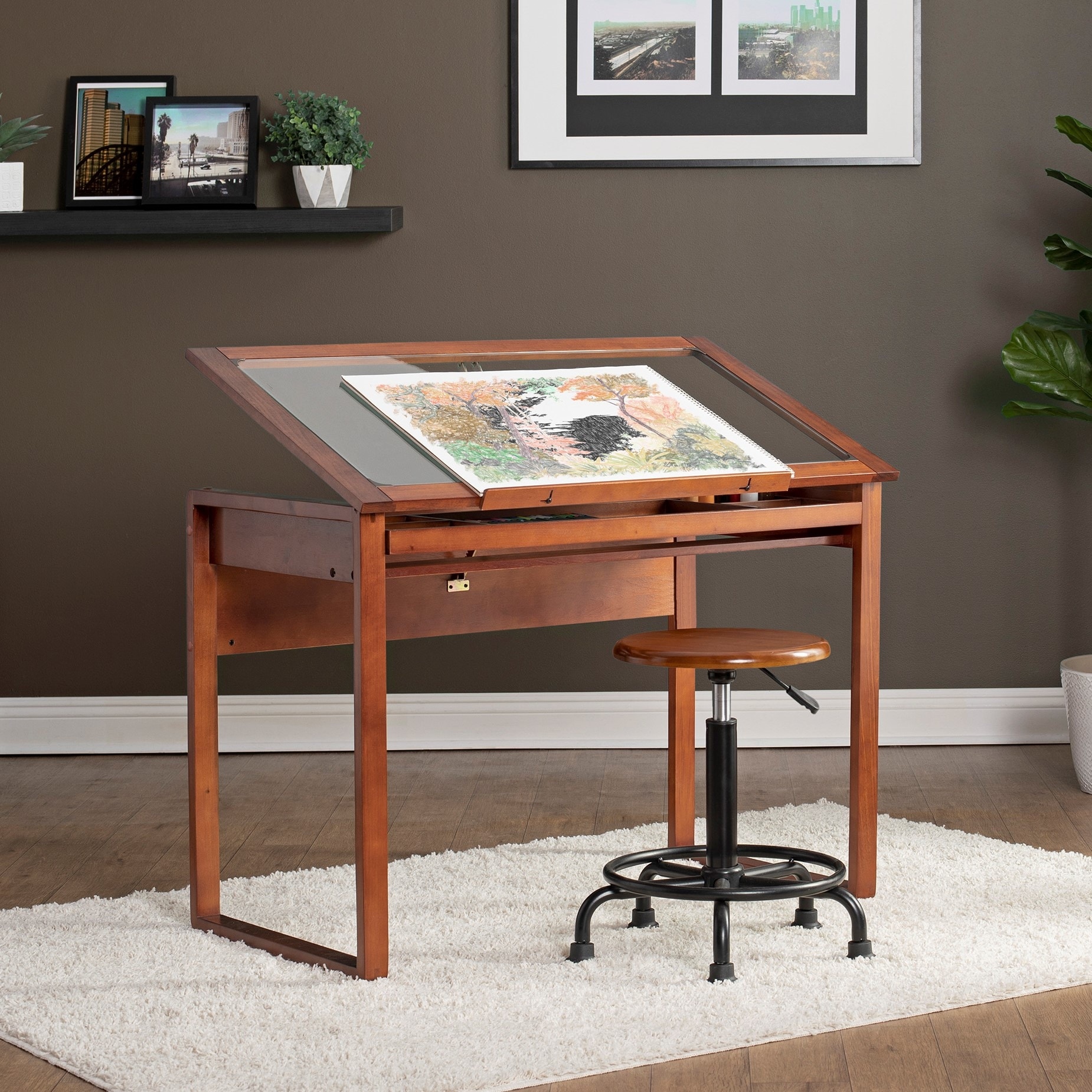 Studio Designs Ponderosa Brown Glass Top Solid Wood Drafting Table Overstock 7179300