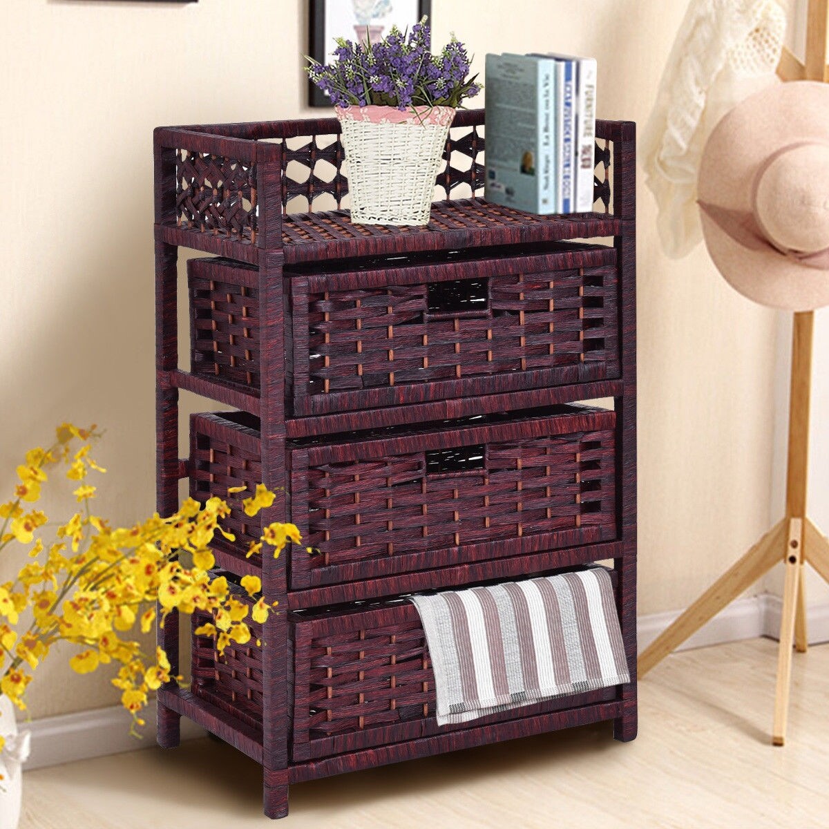 Costway 3 Drawer Storage Unit Tower Shelf Wicker Baskets Costway 3 Drawer Storage Unit Tower Shelf Wicker Baskets Chest Rack