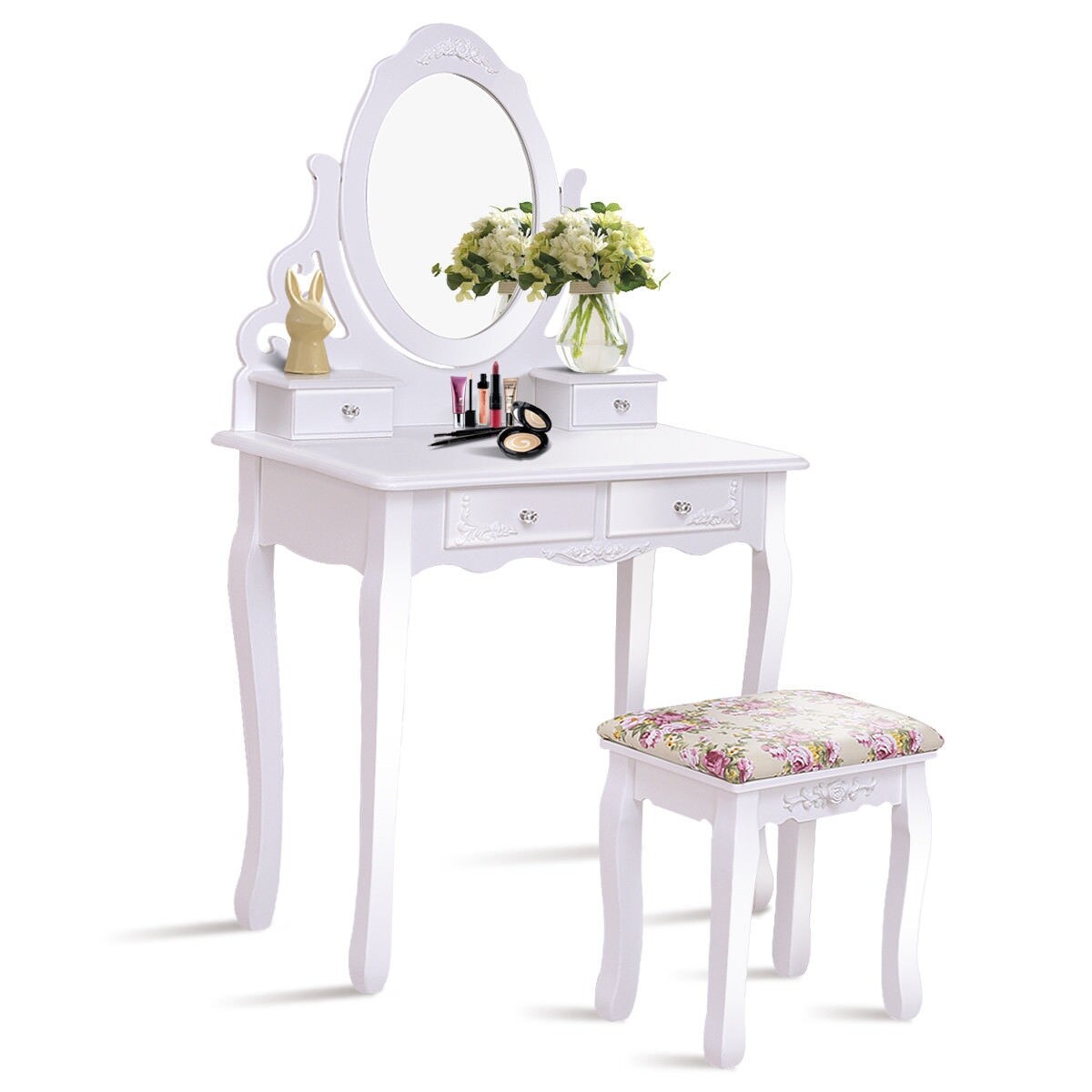 Shop Gymax Bathroom Wood Vanity Makeup Dressing Table Stool Set