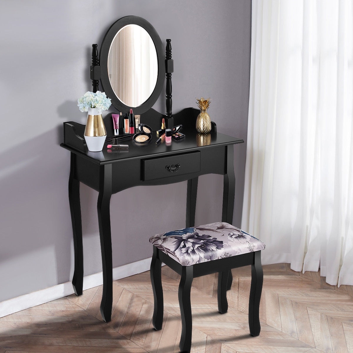 Costway Vanity Wood Makeup Dressing Table Stool Set Jewelry Costway Vanity Wood Makeup Dressing Table Stool Set Jewelry Desk Bathroom W Drawer Mirror Black Free Shipping Today 18298125