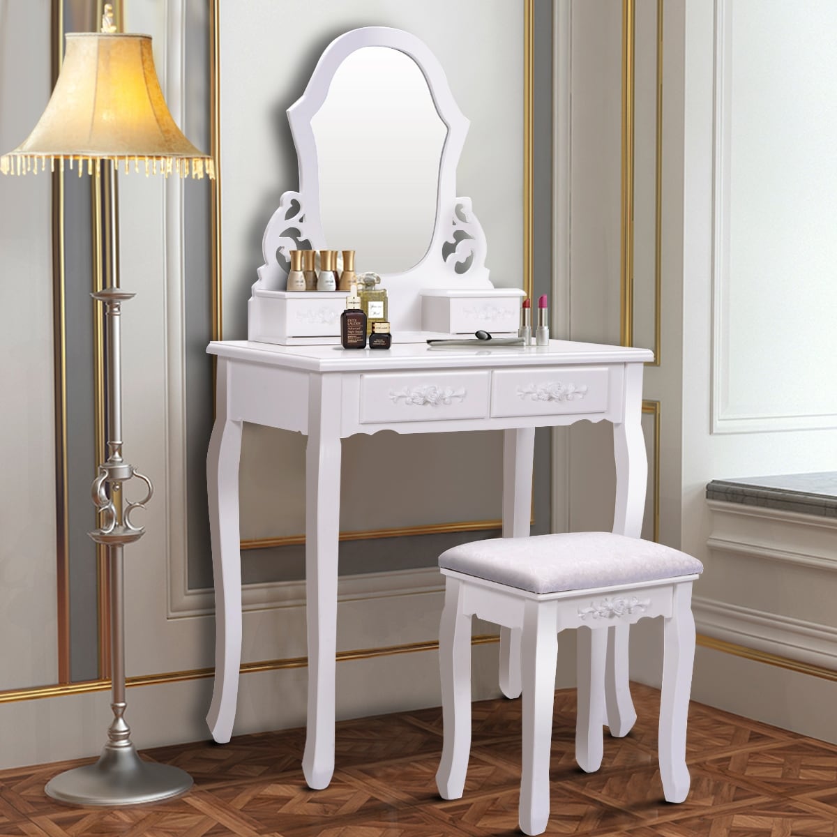 Costway White Vanity Jewelry Wooden Makeup Dressing Table Set Costway White Vanity Jewelry Wooden Makeup Dressing Table Set Bathroom W Stool Mirror 4 Drawer