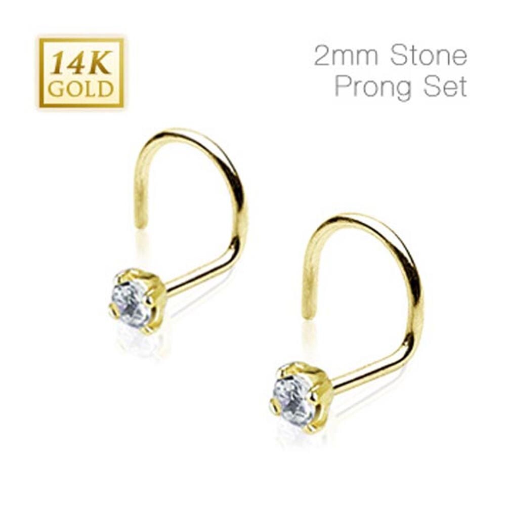 14 Karat Solid Yellow Gold Nose Screw With Bezel Set Clear 2mm Cz