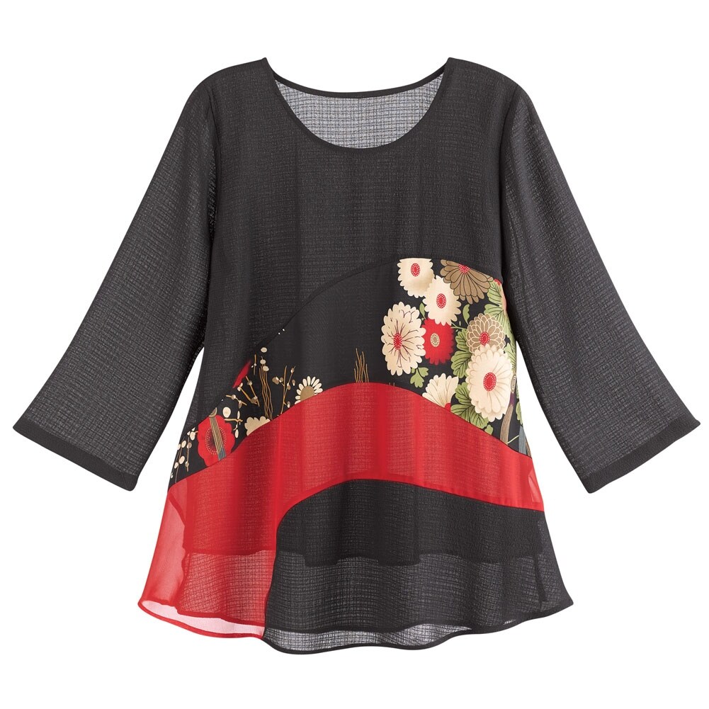 Women S Asian Mums Floral Tunic Black Red Sheer 3 4 Sleeves