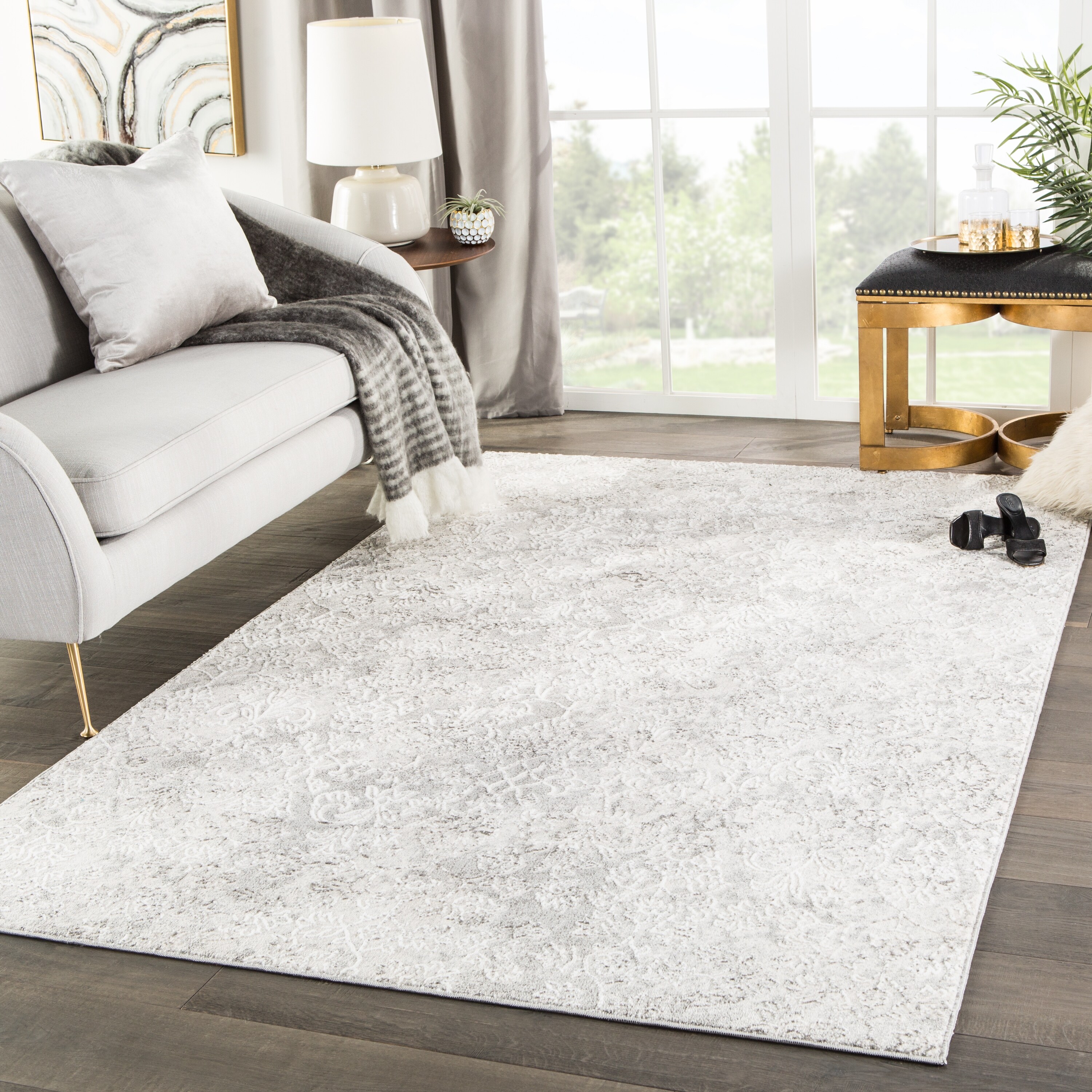 Shop Monroy Damask White Light Grey Area Rug Overstock 23554438