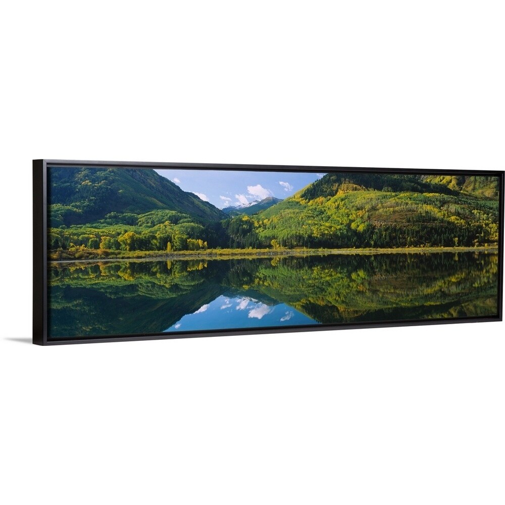 Floating Frame Premium Canvas With Black Frame Entitled Reflection Of Mountains And Aspen Trees In Water Near Marble