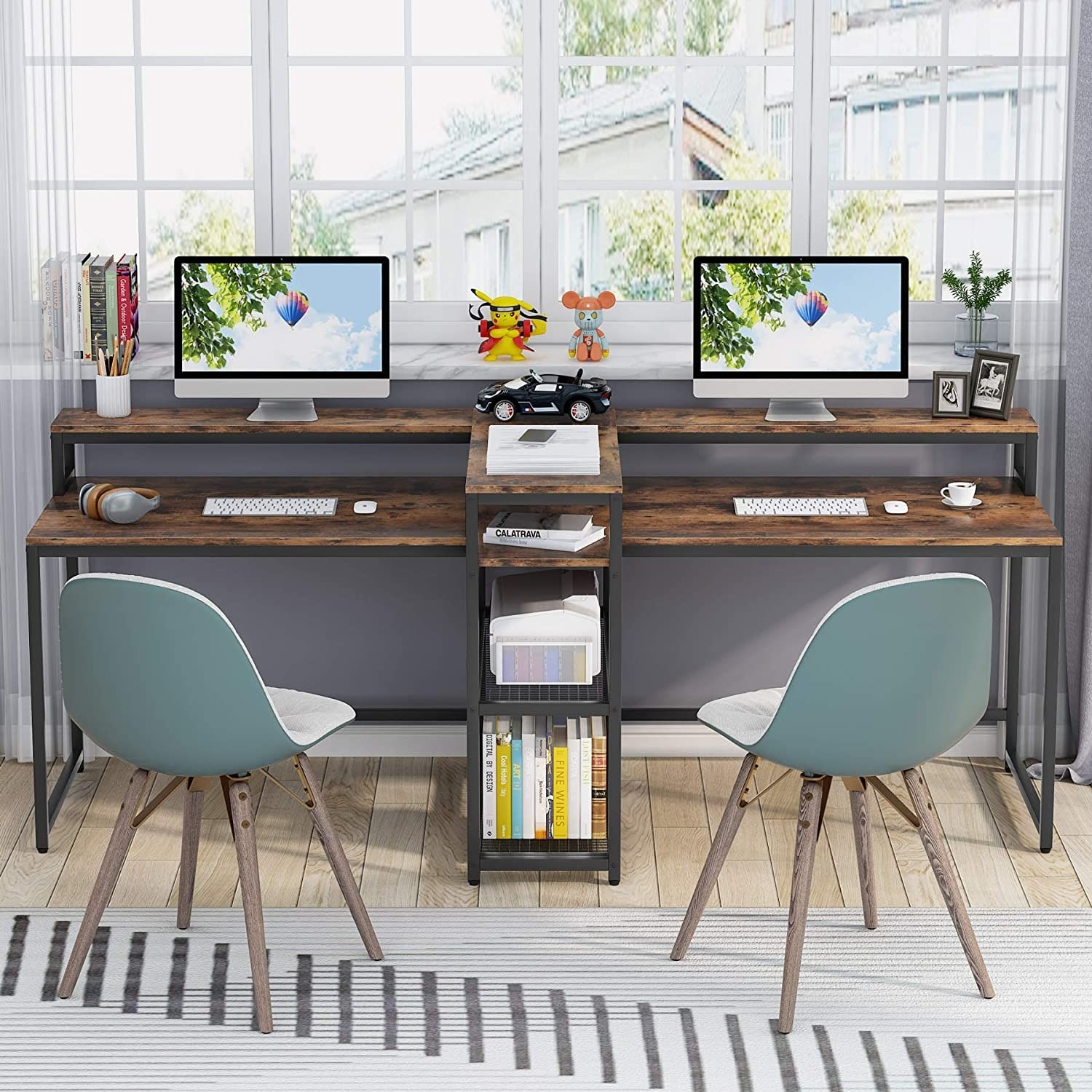 78 7 Inch Two Person Desk With Storage Shelves And Monitor Hutch Home Office Desk On Sale Overstock