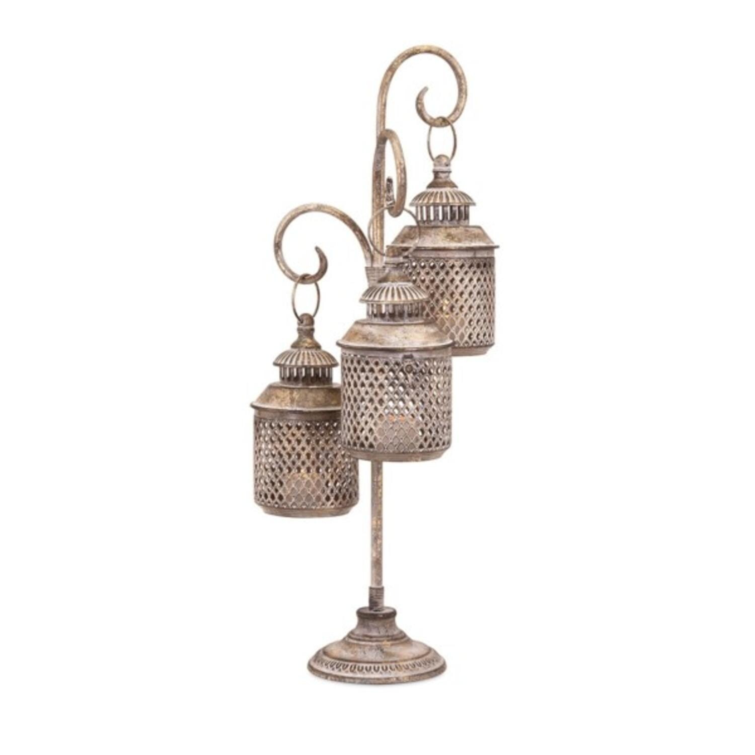 2775 Distressed Gold Moroccan Style Pierced Iron Triple Pillar Candle 2775 Distressed Gold Moroccan Style Pierced Iron Triple Pillar Candle