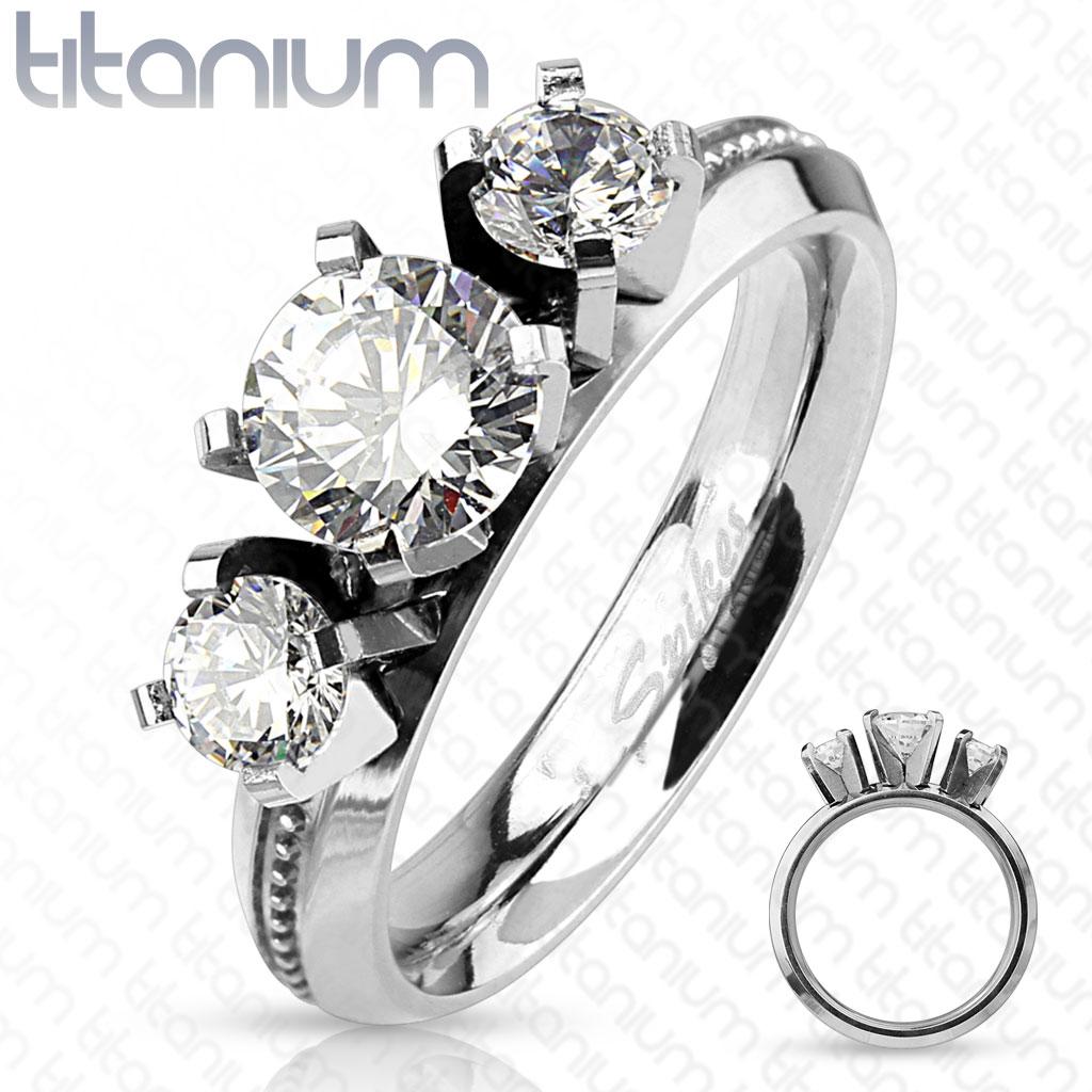 Triple Round Cut CZ with Milled Center Titanium Engagement Ring