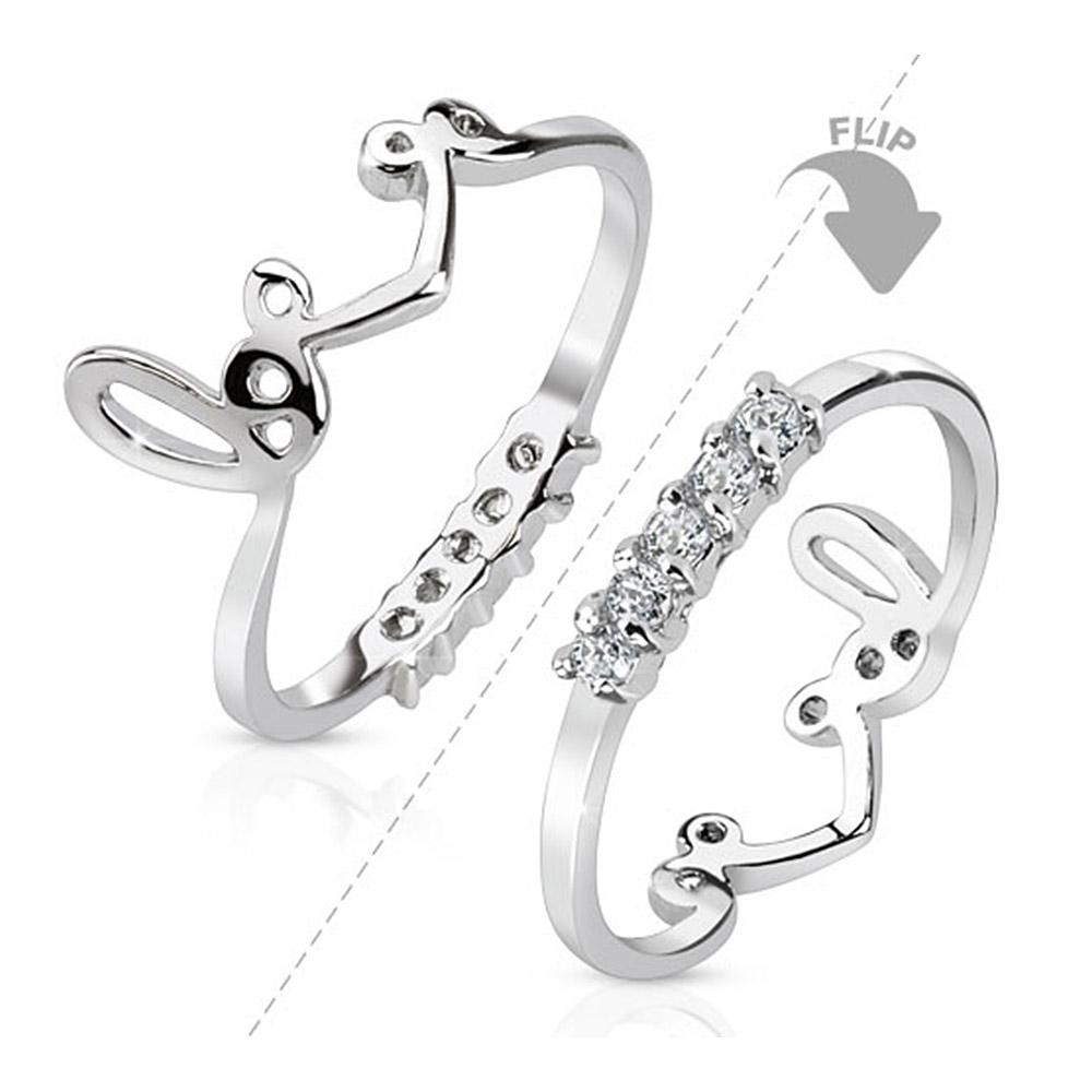 Two Way Love Crown with String of CZs Rhodium Plated Brass Mid-Ring
