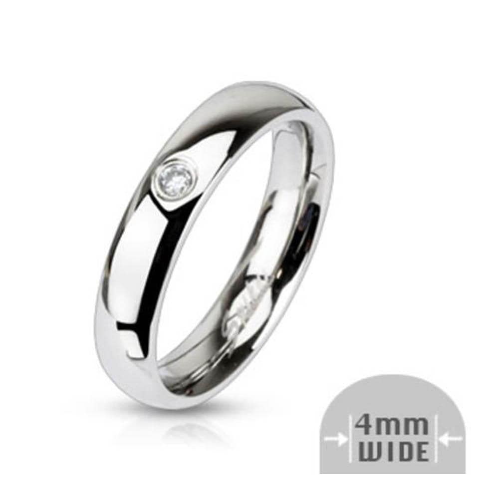 Stainless Steel Single CZ 4mm Wide Classic Band Ring
