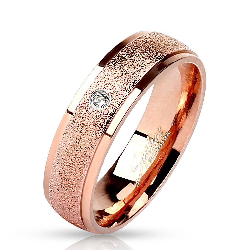 Sanded Center with Clear CZ Rose Gold IP Stainless Steel Ring