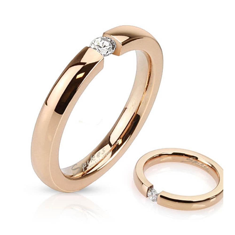 3mm Tension Set CZ Rose Gold IP Stainless Steel Band Ring