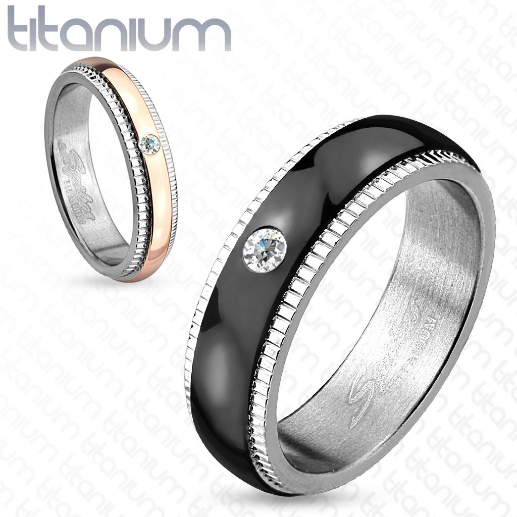 Grooved Step Edge Solitaire CZ Titanium Couple Ring