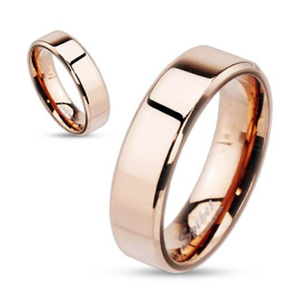 Rose Gold Plated Stainless Steel Beveled Edge Flat Band Ring