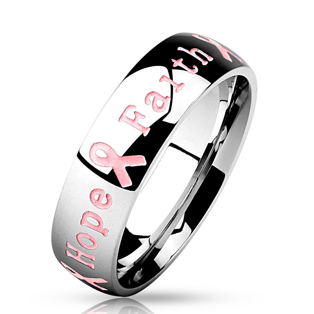 "Courage Strength Hope Faith" Pink Ribbon Stainless Steel Ring