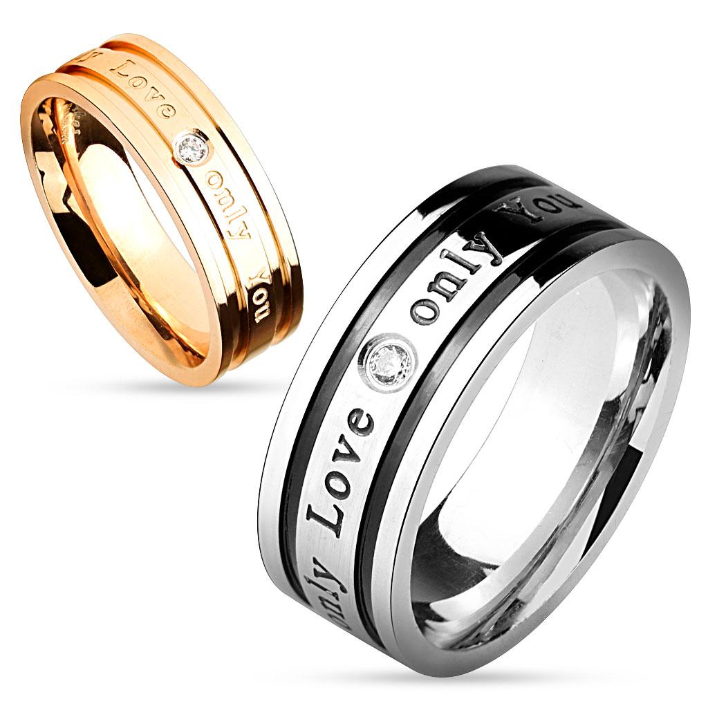 'Only Love Only You' Inscribed Clear Gem Stainless Steel Couple Ring