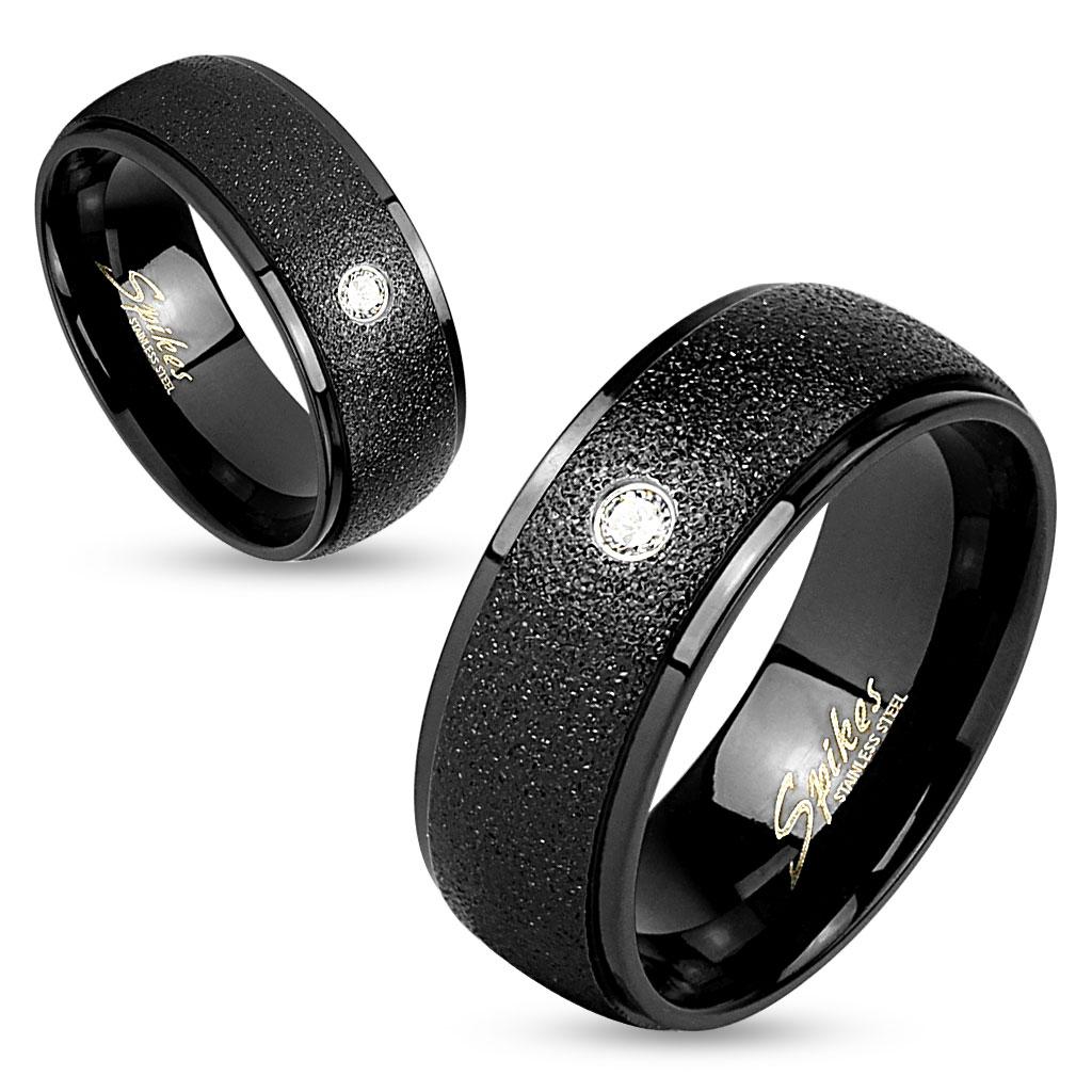 Sanded Center with Clear Gem Black IP Stainless Steel Couple Ring