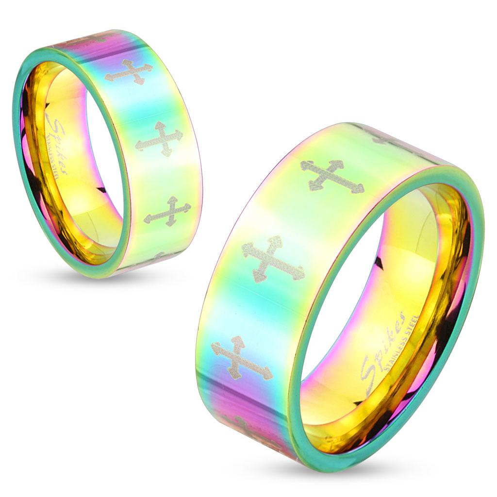 Rainbow Hued Cross Pattern Stainless Steel Couple Ring
