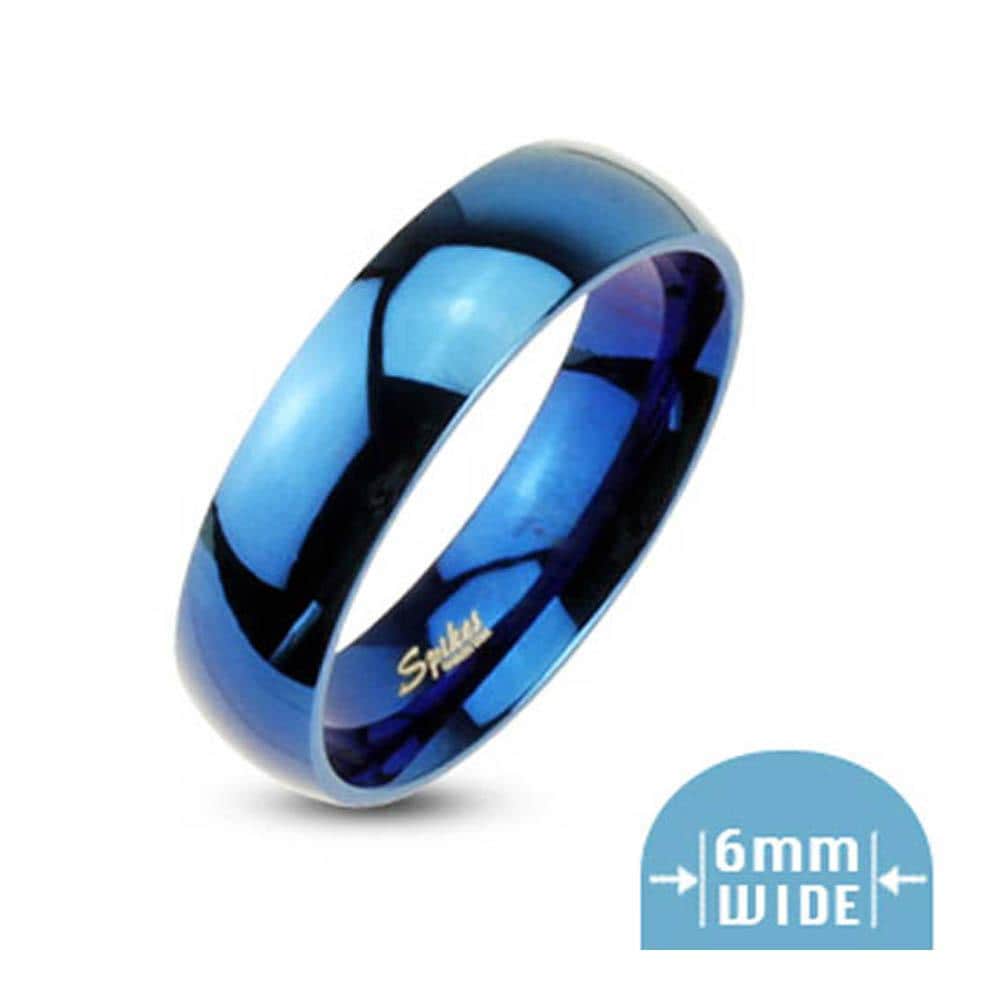 Stainless Steel 6mm Wide Glossy Mirror Polished Blue Plated Dome Band Ring