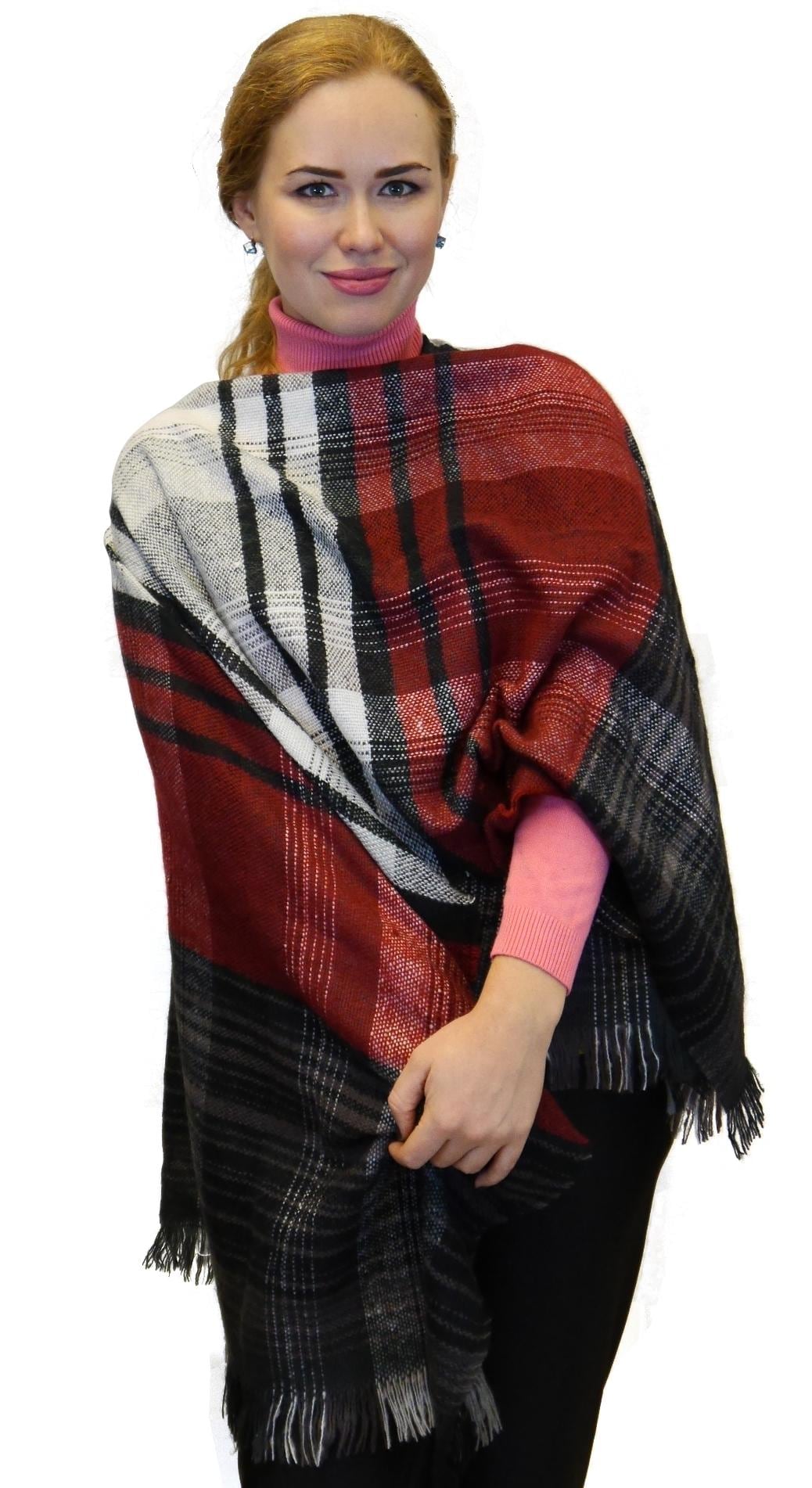 Plaid Checks Soft Wool Feel Poncho Cape Shawl Wrap, Black Burgundy Grey