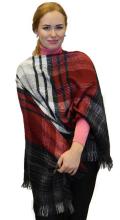 Plaid Checks Soft Wool Feel Poncho Cape Shawl Wrap, Black Burgundy Grey