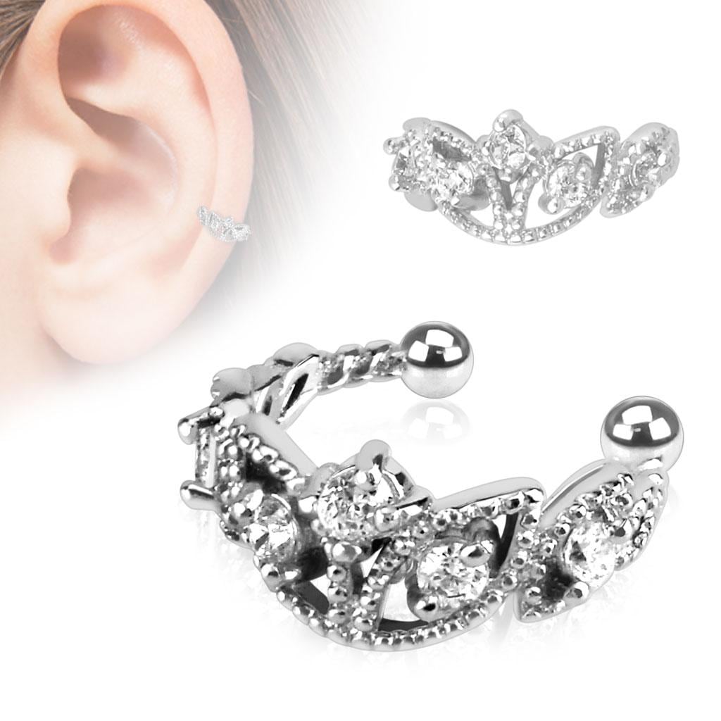 Beads Trimmed Clear CZ Rhodium Plated Brass Non-Piercing Ear Cuff