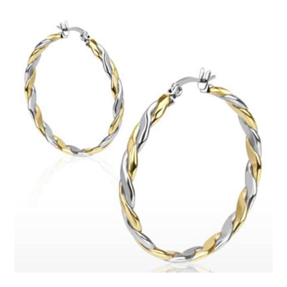 Pair of Stainless Steel Gold IP Duo Tone Rope Twist Hoop Earring