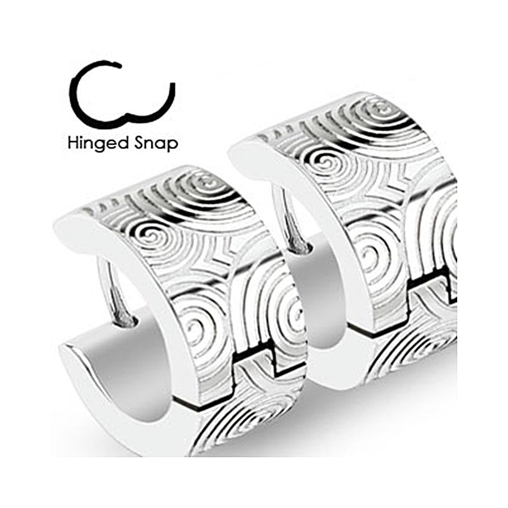 Pair of 316L Surgical Stainless Steel Hoop Earring with Brushed Steel Grooved Spirals