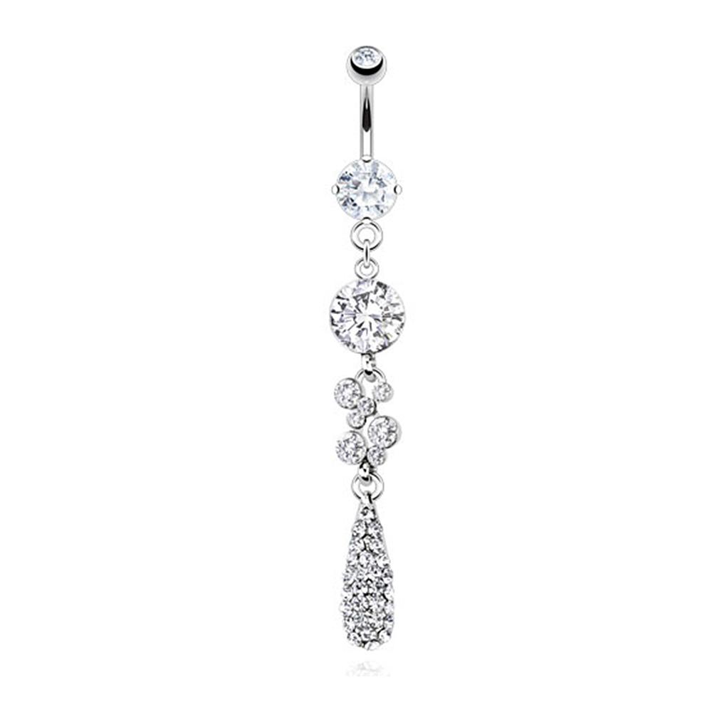 Tear Droplets with Multi Paved CZ Navel Belly Button Ring 316L Surgical Steel