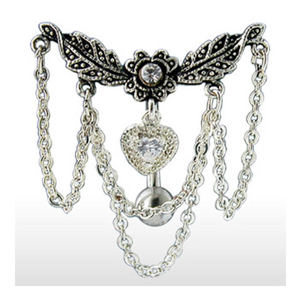 Surgical Stainless Steel Top Down Navel Belly Button Ring with Leaflet Chandelier Chained Heart Dangle
