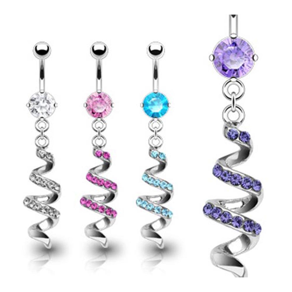 Stainless Steel Navel Belly Button Ring with Gem Paved Swirl Dangle - 14 GA 3/8" Long