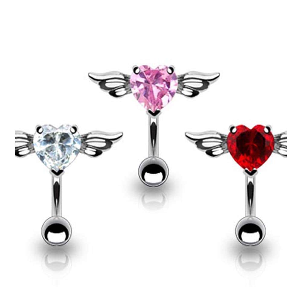 Stainless Steel Navel Belly Button Ring Top Down Angel Winged 8mm Heart CZ - 14 GA 3/8" Long