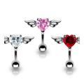 Stainless Steel Navel Belly Button Ring Top Down Angel Winged 8mm Heart CZ - 14 GA 3/8" Long