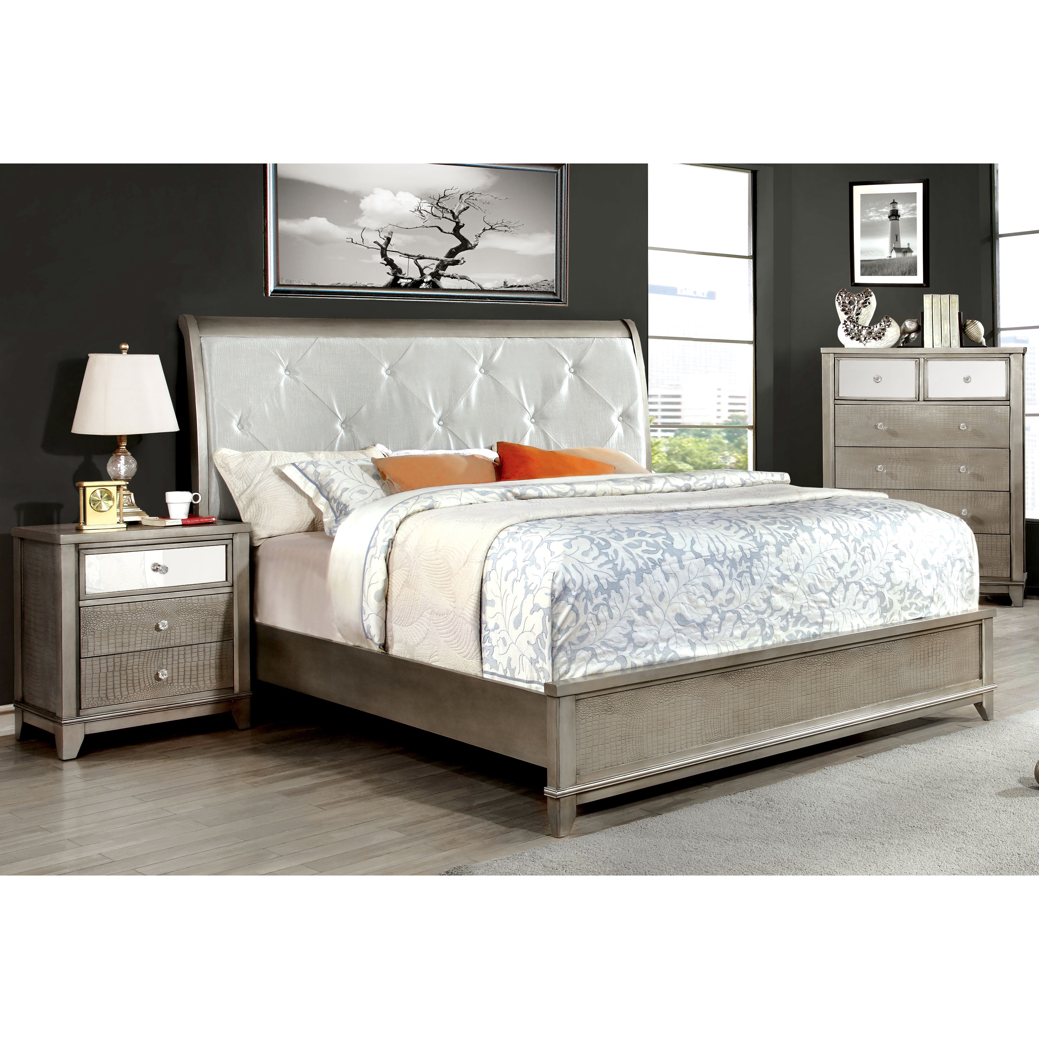 Silver Orchid Gerrard Modern 3 Piece Crocodile Silver Bedroom Set