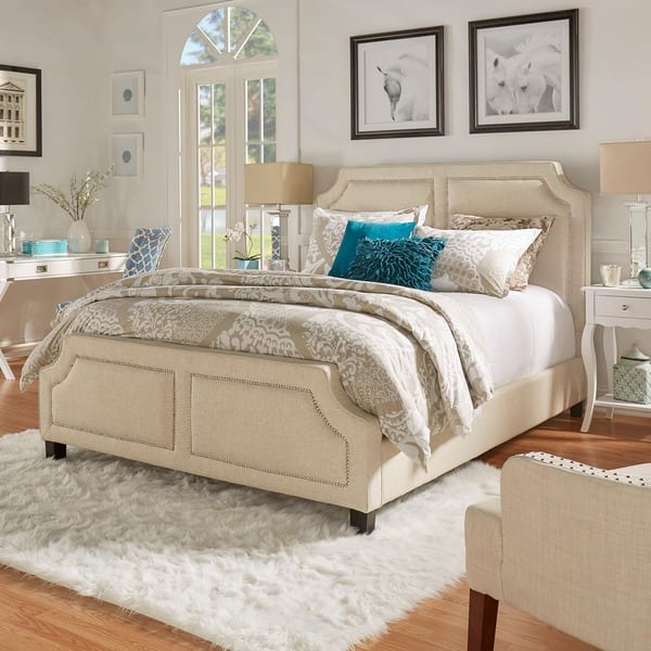 INSPIRE Q Harlow Arched Panel Nailhead Beige Linen Upholstered Queen ...