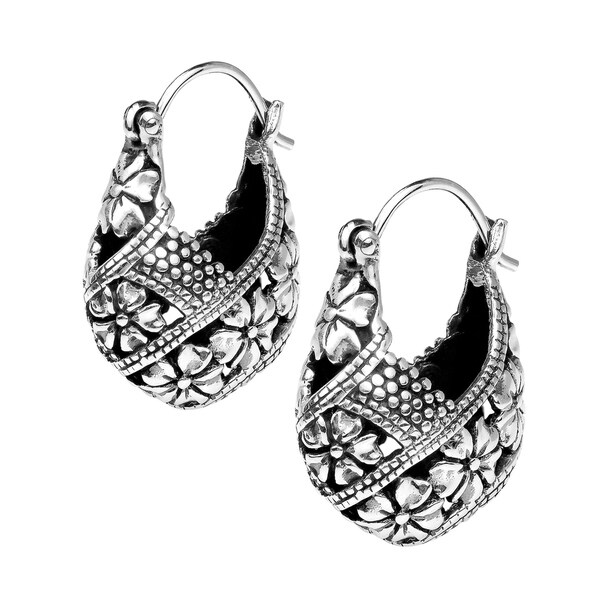 Handmade Gorgeous Plumeria Basket V Lock Hoop .925 Silver Earrings (Thailand)