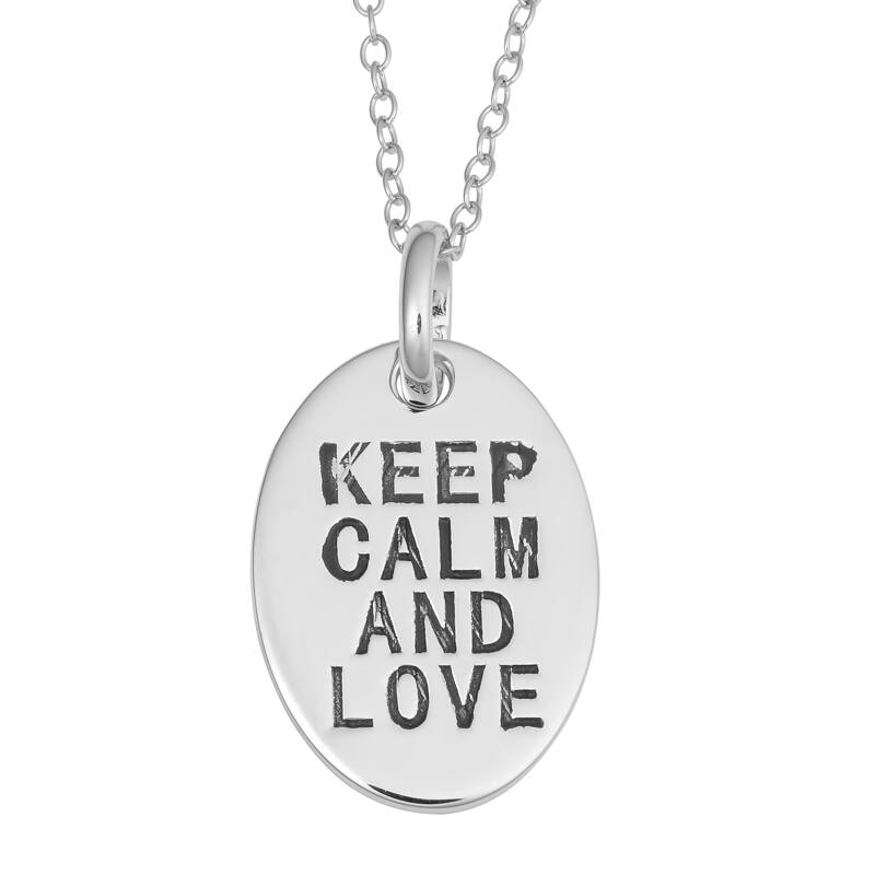 Fremada Rhodium Plated Sterling Silver Keep Calm and Love Oval Pendant On Cable Chain Necklace