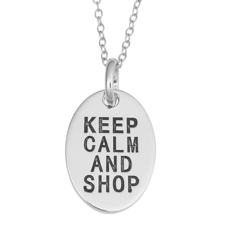 Fremada Rhodium Plated Sterling Silver Keep Calm and Shop Oval Pendant On Cable Chain Necklace