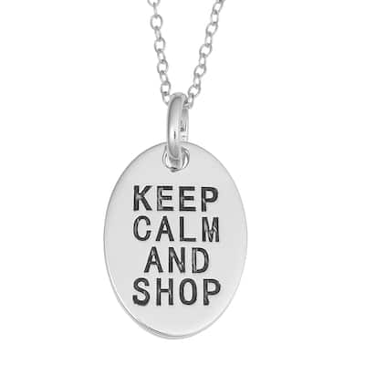 Fremada Rhodium Plated Sterling Silver Keep Calm and Shop Oval Pendant On Cable Chain Necklace