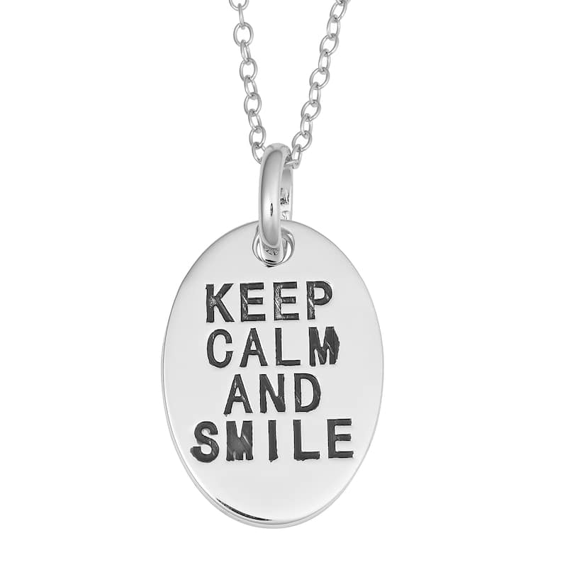 Fremada Rhodium Plated Sterling Silver Keep Calm And Smile Oval Pendant On Cable Chain Necklace