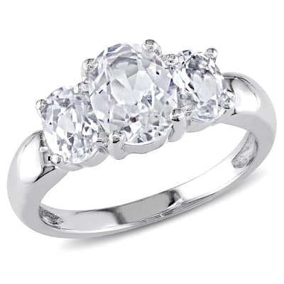 Miadora Sterling Silver Oval Created White Sapphire 3-stone Ring