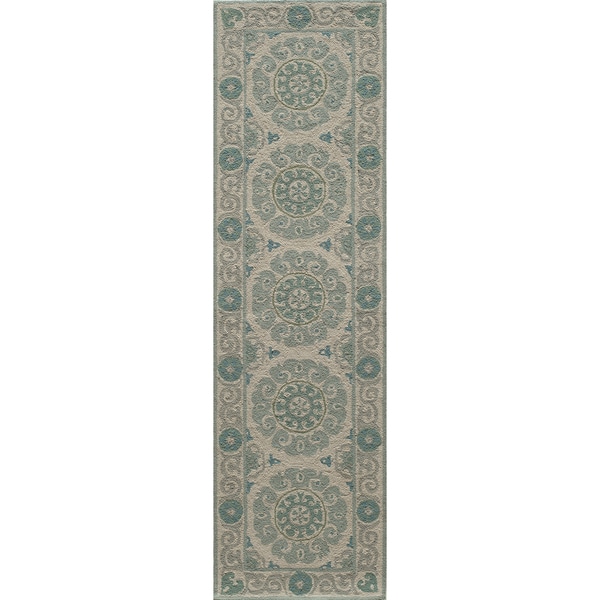 Momeni Suzani Hook Aqua Hand-Hooked Wool Runner Rug (2'3 X 8')