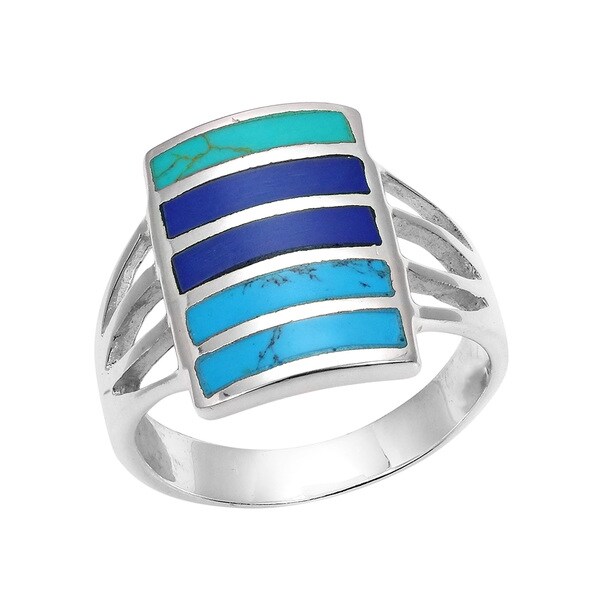 Handmade Blue Tone Horizontal Paths Stone Inlay .925 Silver Ring (Thailand)