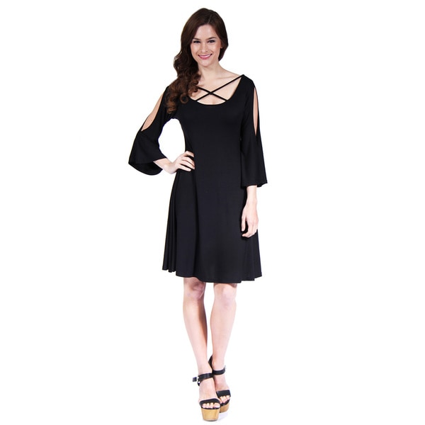 24/7 Comfort Apparel Women's Abstract Neck Split-Sleeve Dress