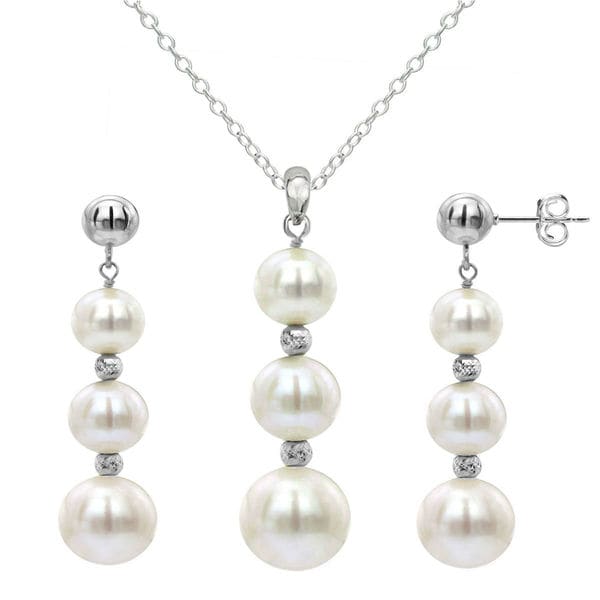DaVonna Sterling Silver White Freshwater Pearl and Beads Jewelry Set