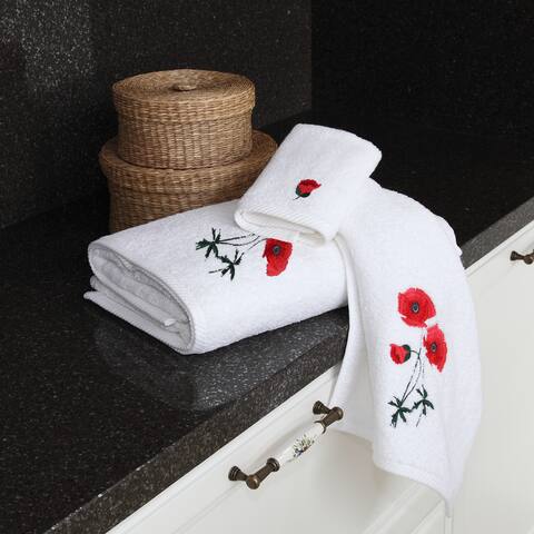 Authentic Hotel and Spa Soft Twist Turkish Cotton 3-piece Towel Set with Embroidered Red Poppy Flowers