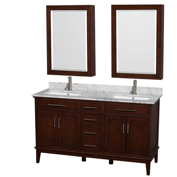 Wyndham Collection Hatton 60-inch Dark Chestnut Double Vanity, Undermount Square Sinks, 24-inch Medicine Cabinets